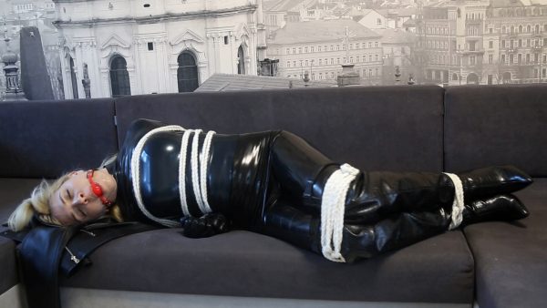 Shiny Leather Heaven aka Leather Love – Latex Katya Bounded With Ropes and Ball Gagged